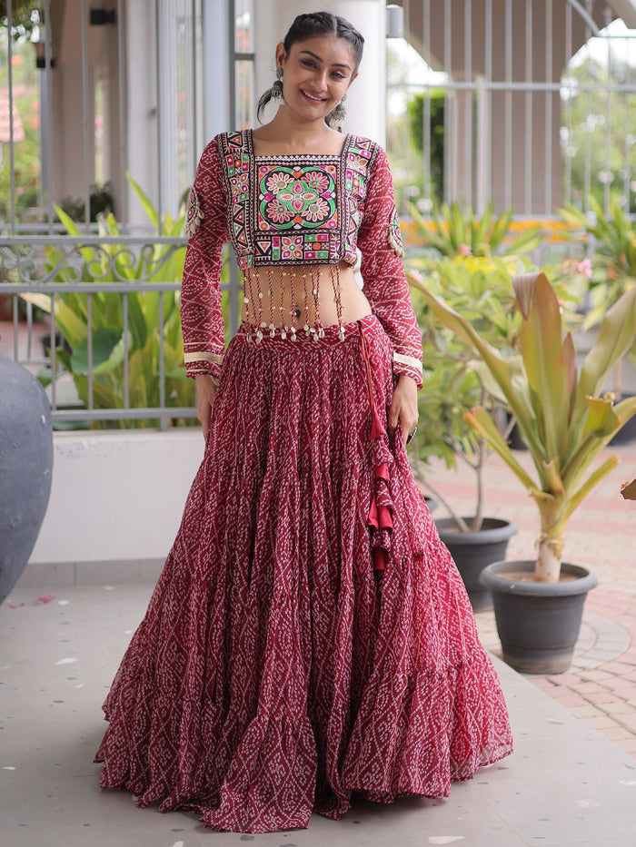 Awesome Maroon Georgette Navratri Special Lehenga Patch Work Choli