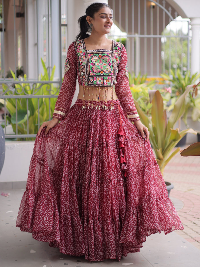 Awesome Maroon Georgette Navratri Special Lehenga Patch Work Choli