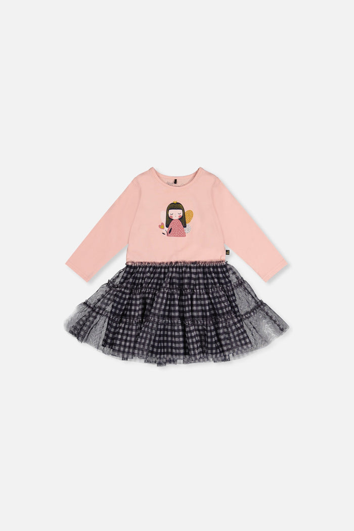 Deux par Deux baby girls fairy dress, dusty pink bodice and navy gingham skirt, front view