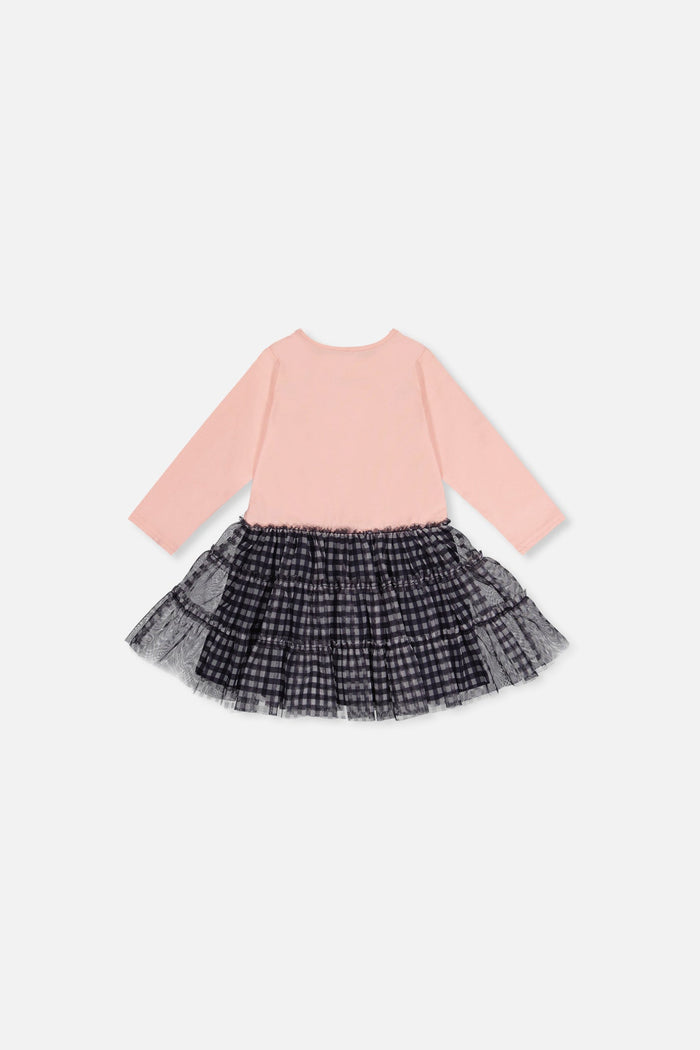Deux par Deux baby dusty pink and navy gingham dress, back view