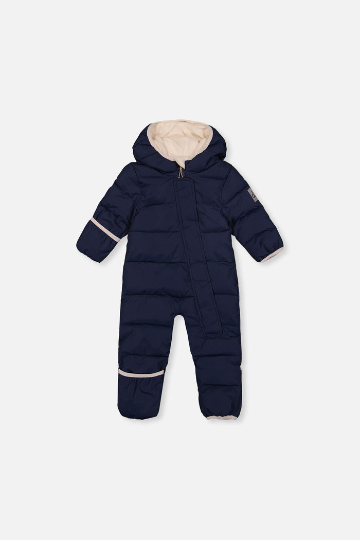Dark blue Deux par Deux Baby Cloud one-piece snowsuit with fold-over cuffs, front view