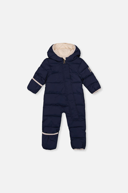 Dark blue Deux par Deux Baby Cloud one-piece snowsuit with fold-over cuffs, front view