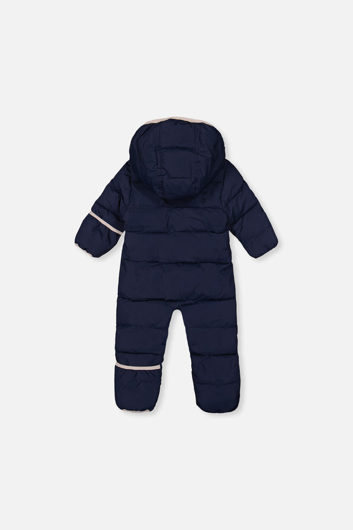 Back view of the dark blue Baby Cloud one-piece snowsuit with hood