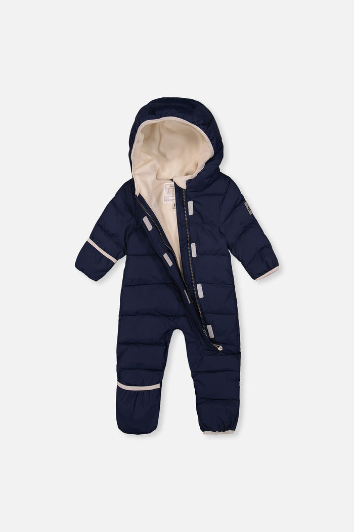 Dark blue Baby Cloud snowsuit unzipped to show the fleece lining