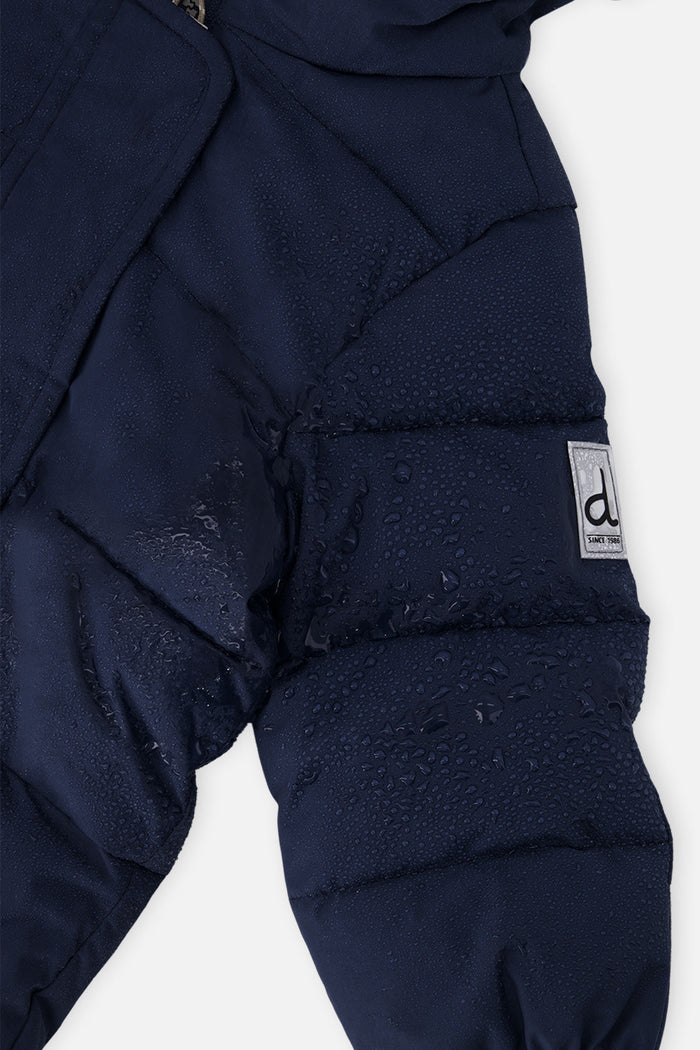 Close-up of the dark blue quilting on the Baby Cloud snowsuit