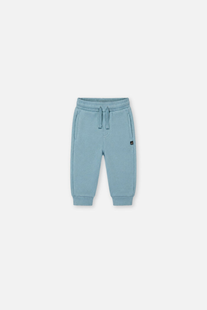 Deux par Deux baby fleece sweatpants in pale turquoise, front view