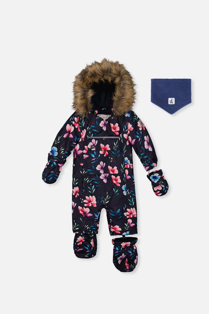Deux par Deux baby girl one-piece car seat snowsuit in blue floral print, with mittens, booties and neckwarmer, front view