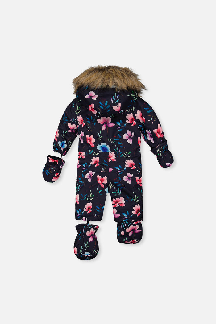 Back of the blue floral print baby one-piece snowsuit with hood, mittens and booties
