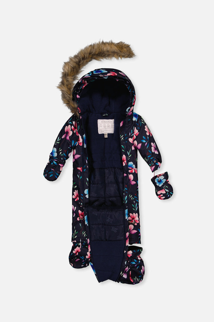 Blue floral print baby snowsuit unzipped to show the fleece lining