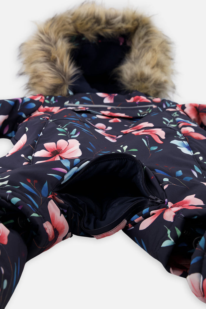 Crotch zipper opened for the car seat buckle on the blue floral print baby snowsuit