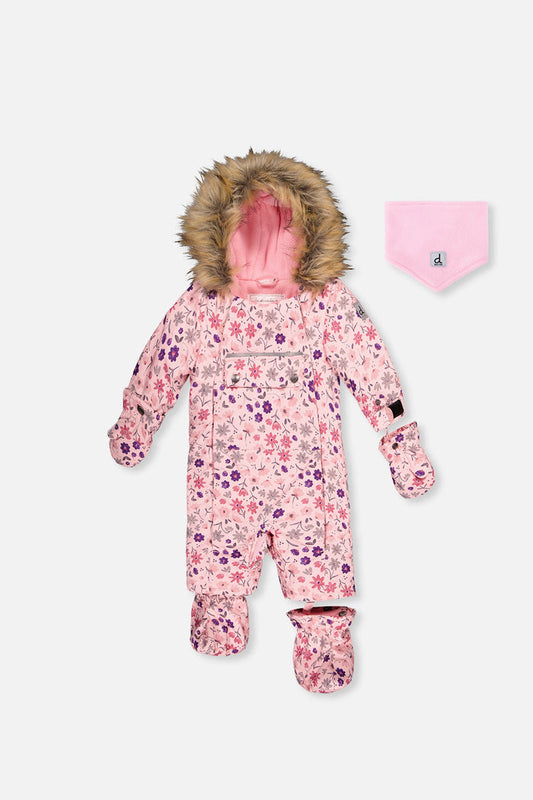 Deux par Deux baby girl one-piece car seat snowsuit in pink mini flower print, with mittens, booties and neckwarmer, front view