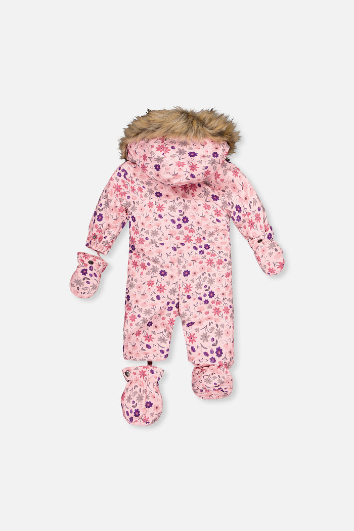 Back of the pink mini flower print baby one-piece snowsuit with hood, mittens and booties