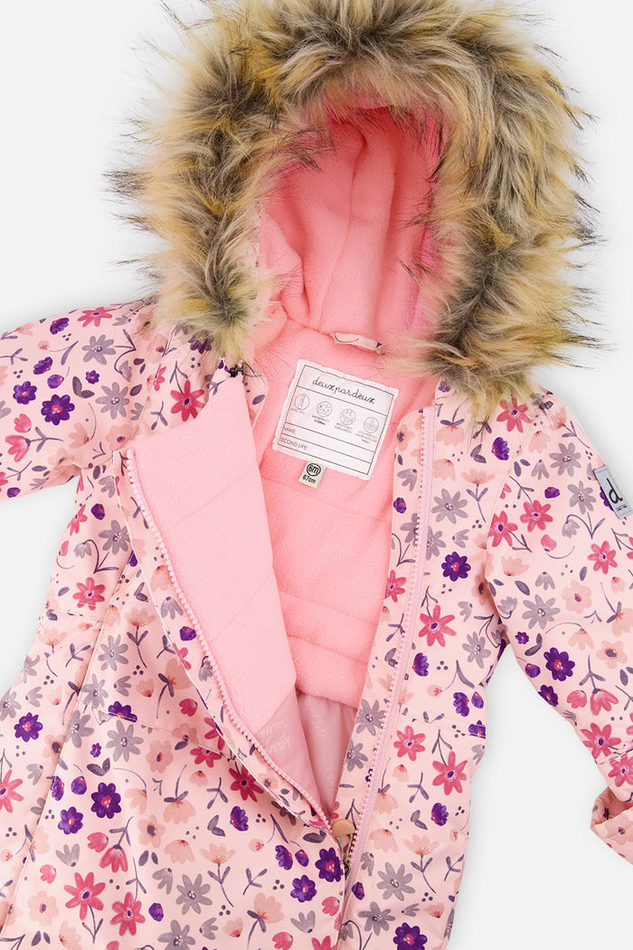 Close-up of the faux-fur trimmed hood and fleece-lined body of the pink mini flower print snowsuit