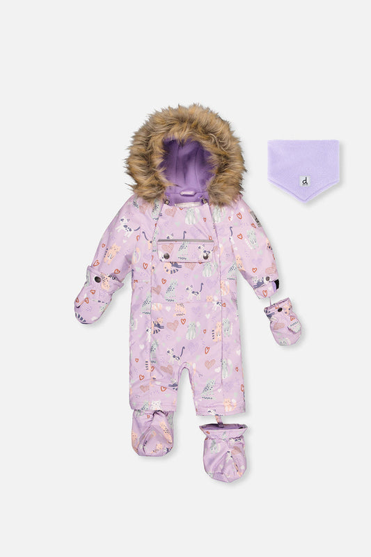 Deux par Deux baby girl one-piece car seat snowsuit in purple cat print, with mittens, booties and neckwarmer, front view