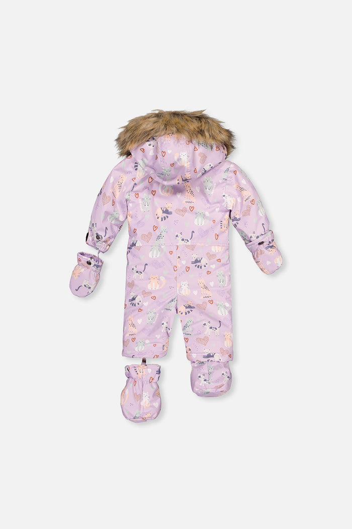 Back of the purple cat print baby one-piece snowsuit with hood, mittens and booties