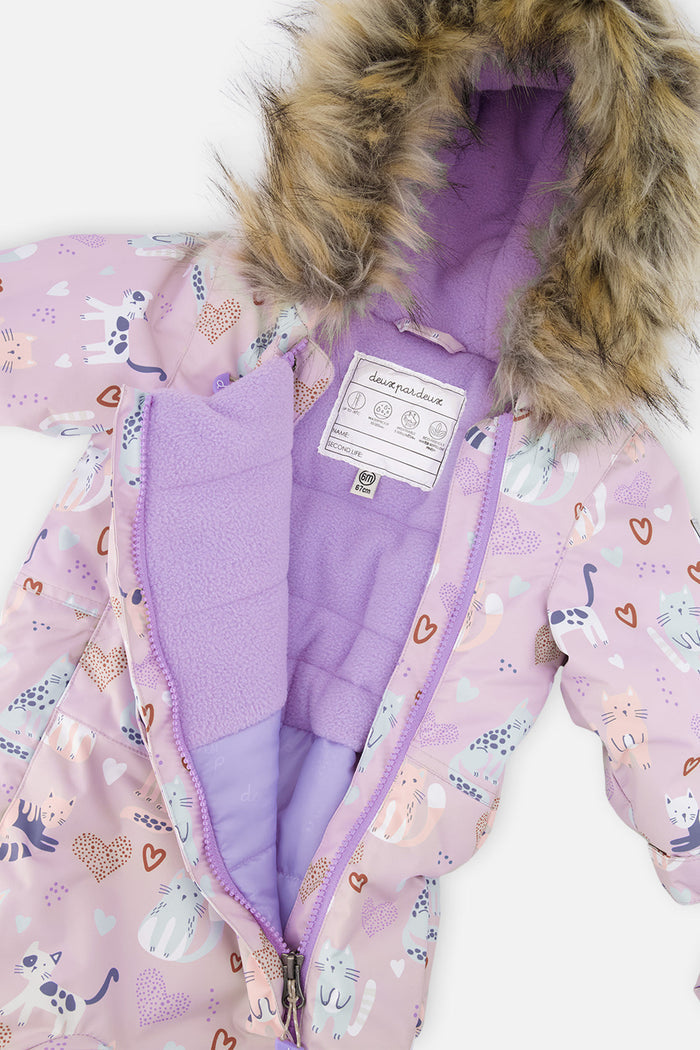 Close-up of the faux-fur trimmed hood and fleece-lined body of the purple cat print snowsuit