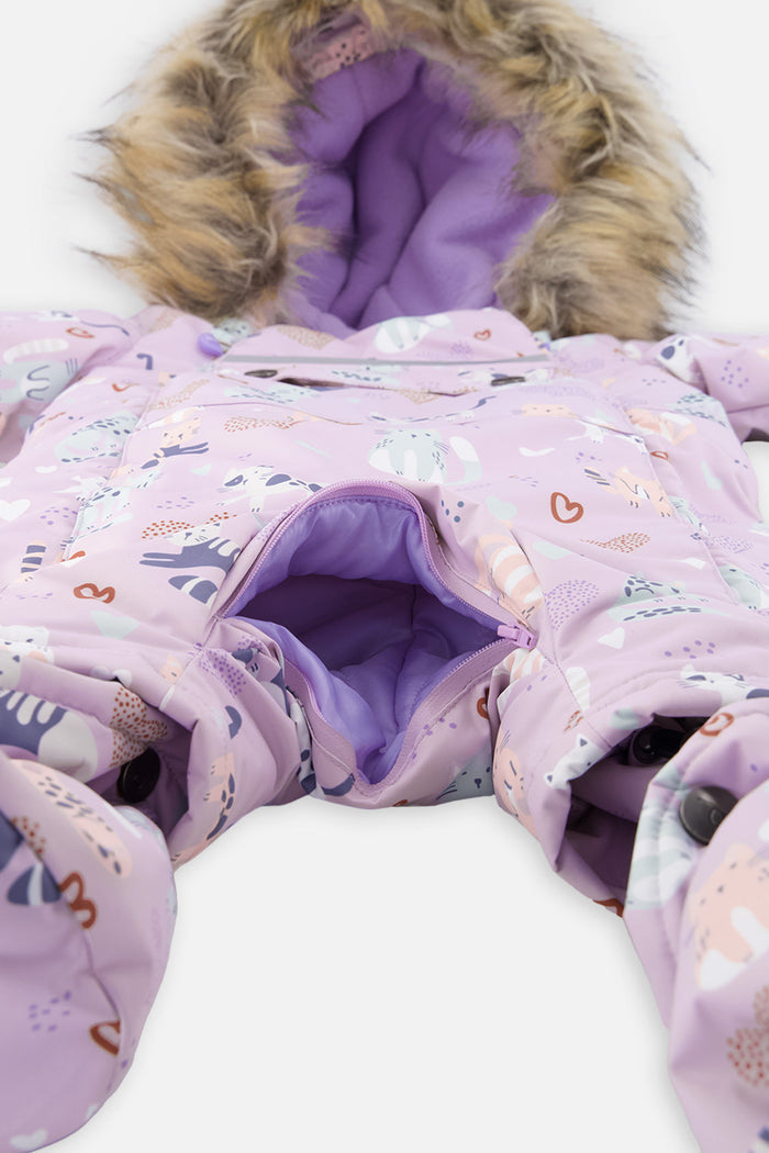 Crotch zipper opened for the car seat buckle on the purple cat print baby snowsuit
