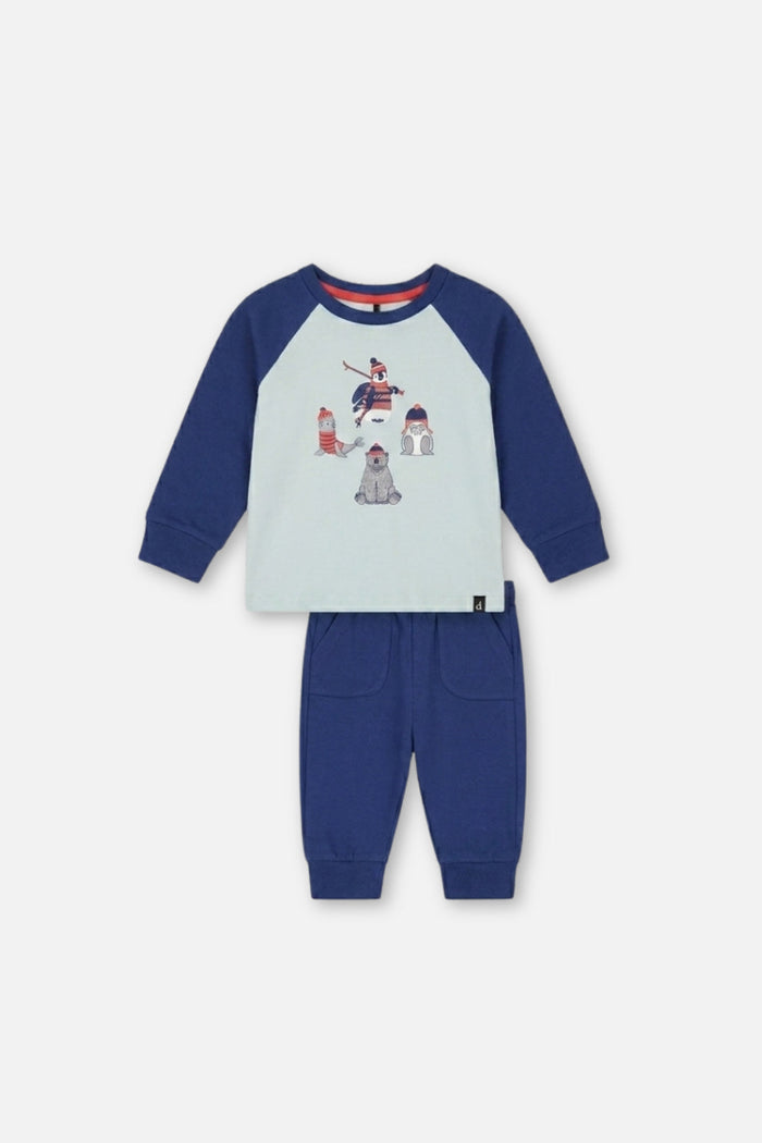 Deux par Deux baby boys Nordic Buddies tee and pant set, very pale turquoise, front view