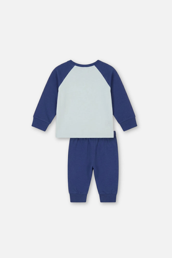 Deux par Deux baby boys Nordic Buddies tee and pant set, very pale turquoise, back view
