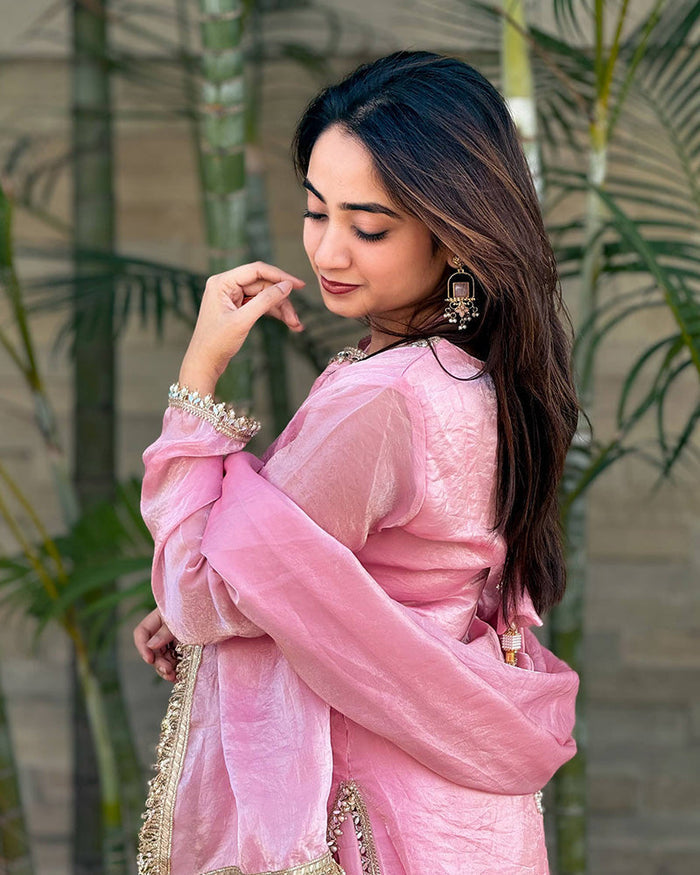 Baby Pink Color Fendi Satin Silk Kurti Suit