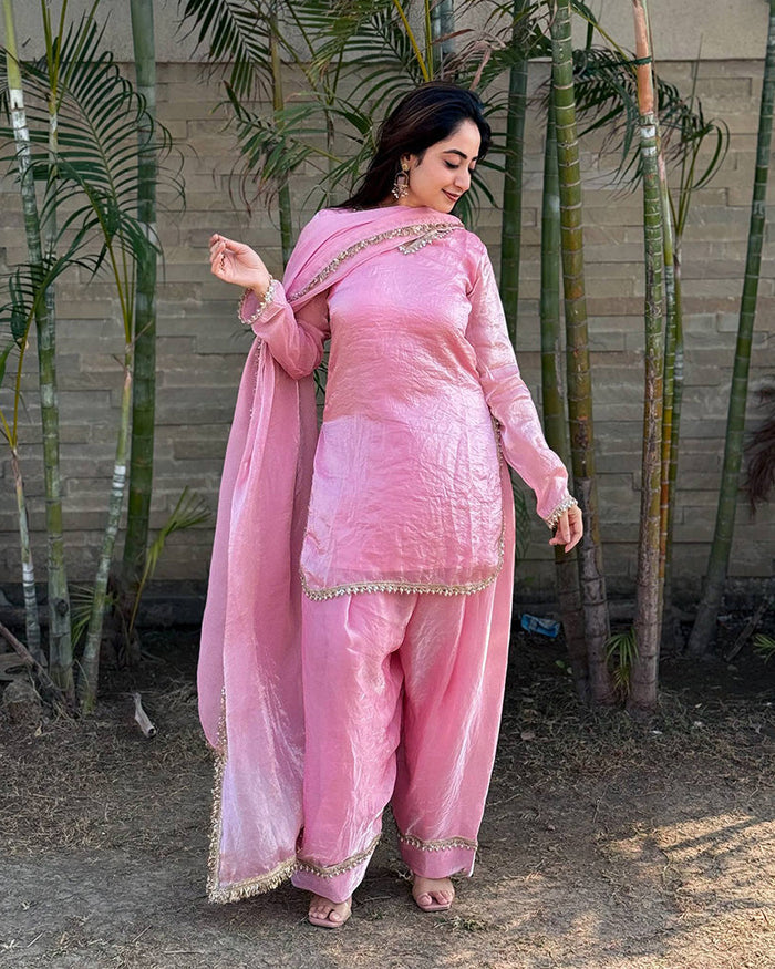 Baby Pink Color Fendi Satin Silk Kurti Suit