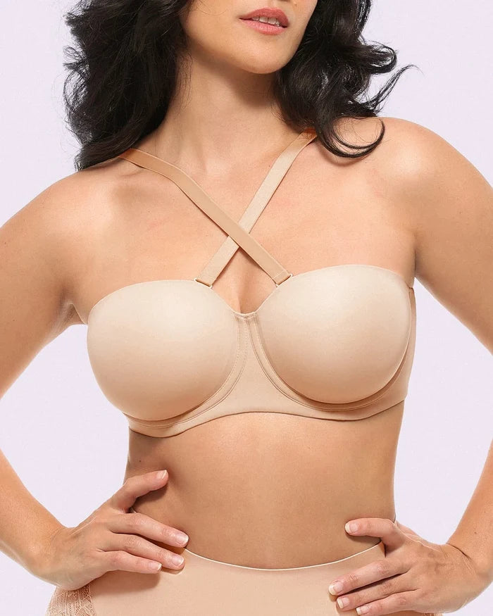 Close-up of multi-way convertible straps styled traditional, criss-cross, and halter