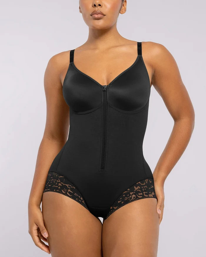 AirSlim Hourglass Full Body Brief Bodysuit in black, front view showing tummy-control shaping