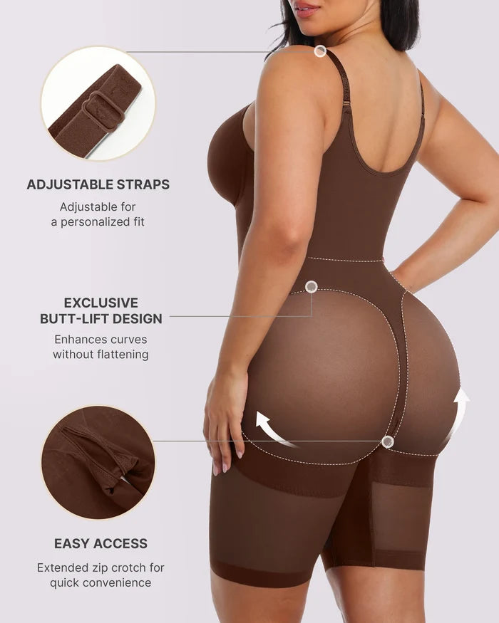 Back view highlighting body-contouring support and seamless shaping