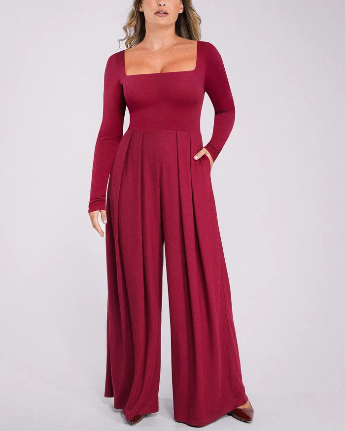 Square Neckline Built-In Shaping Jumpsuit in carmine, front view showing classic square neck design