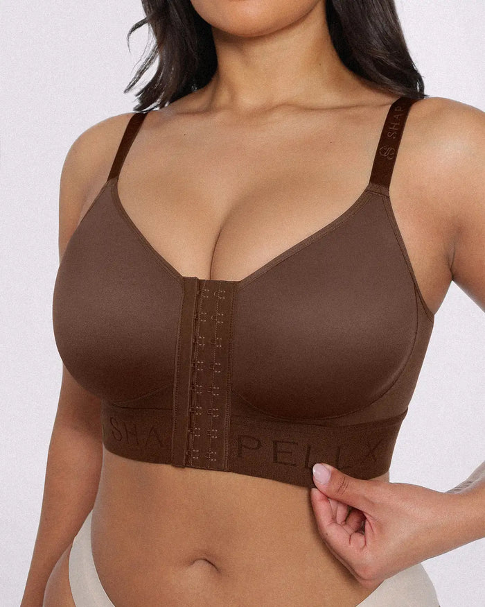 Unlined wireless bra with front-closure design and everyday support