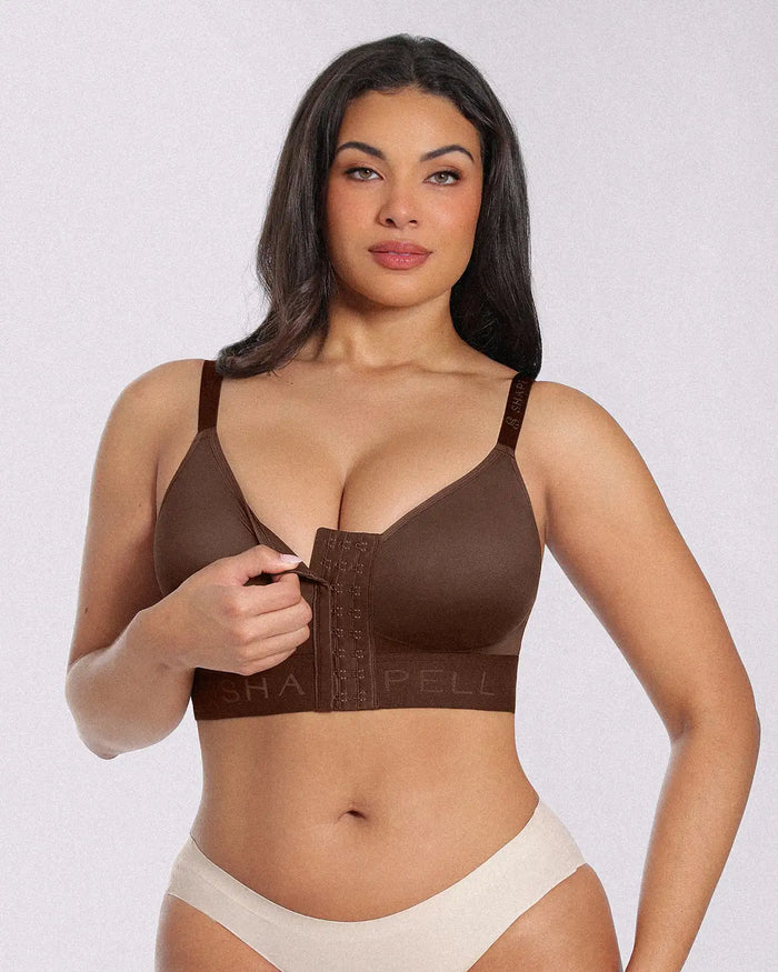 Easy front-closure construction offers convenience and a secure fit