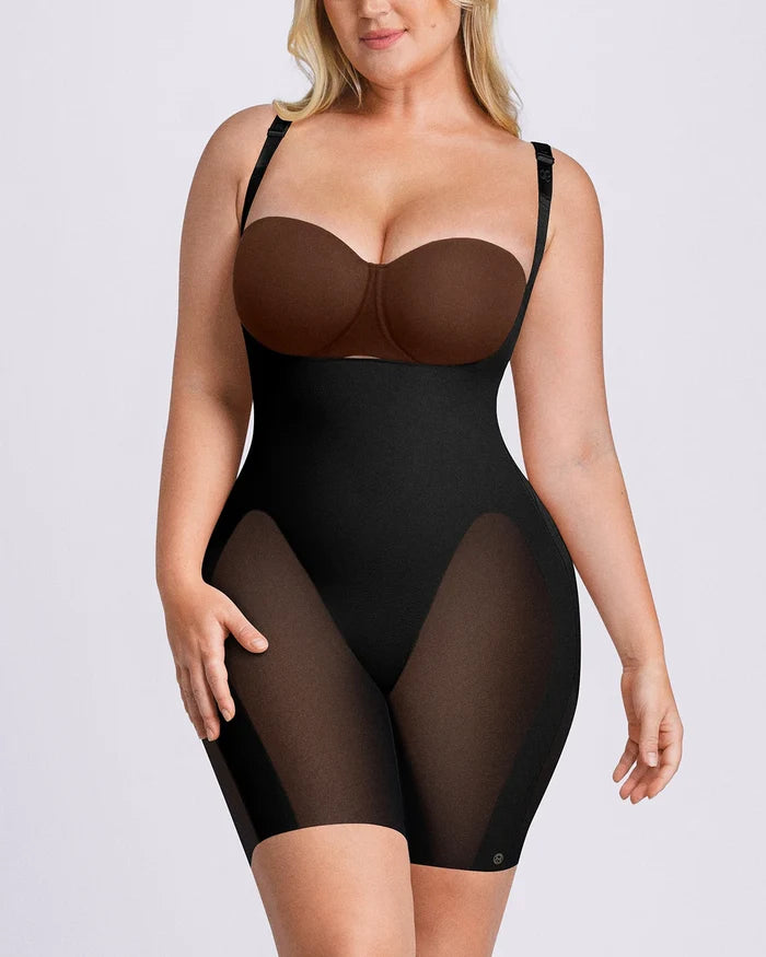Front view of a black body smoothing bodysuit featuring an open bust design for waist definition and targeted tummy control.
