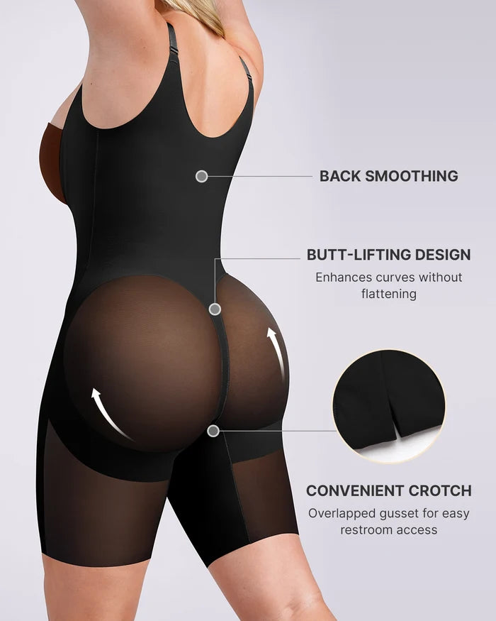 Back view of a black bodysuit showing high-back coverage and an ergonomic 3D cut for natural butt-lifting support.
