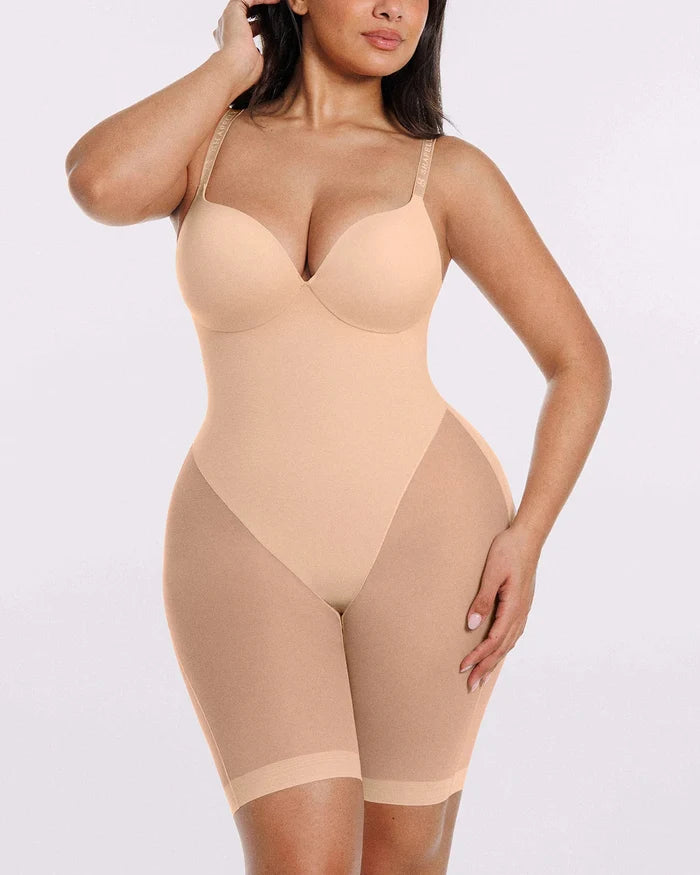 MeshSmooth Low Back Mid Thigh Bodysuit in beige, front view showing full-body sculpted silhouette