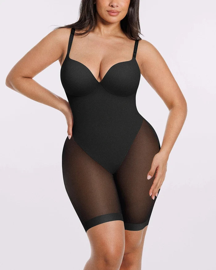 MeshSmooth Low Back Mid Thigh Bodysuit in black, front view showing full-body sculpted silhouette