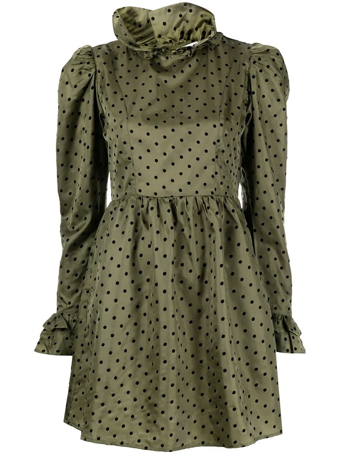 Batsheva Olive Green Prairie Polka Dot Mini Dress