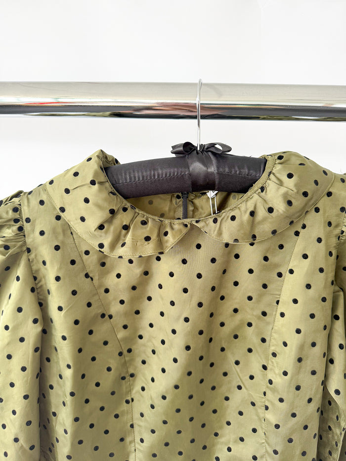 Batsheva Olive Green Prairie Polka Dot Mini Dress