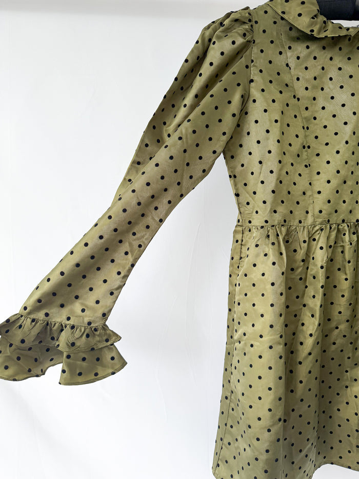 Batsheva Olive Green Prairie Polka Dot Mini Dress