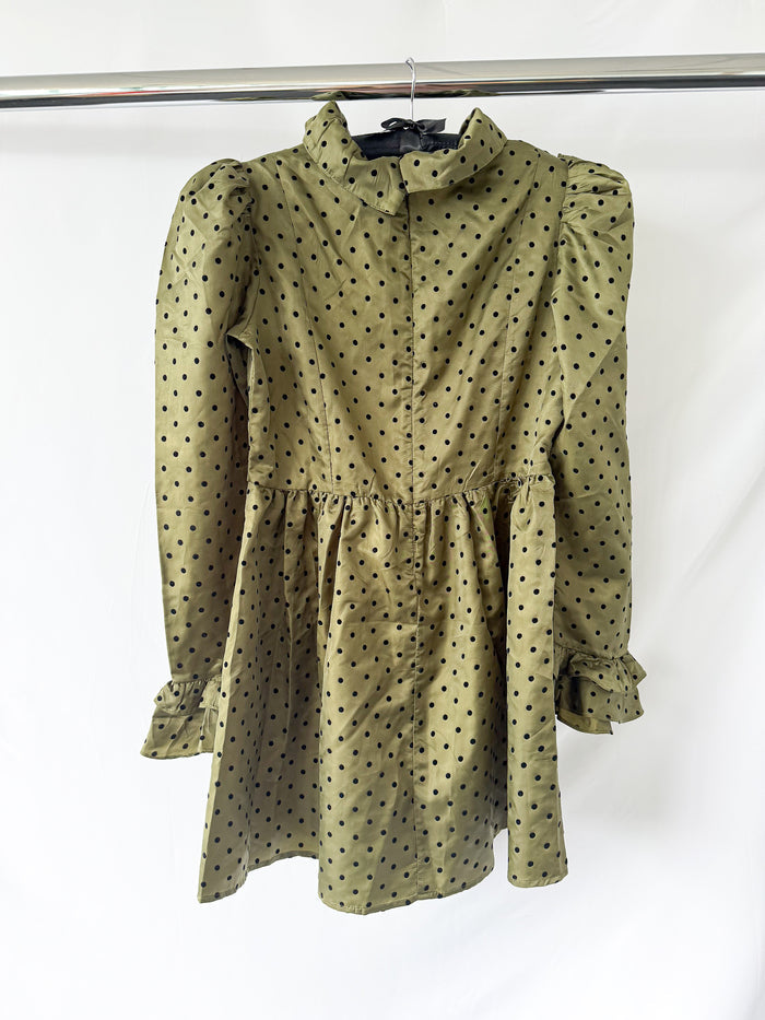 Batsheva Olive Green Prairie Polka Dot Mini Dress