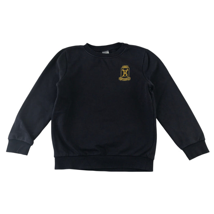 Second-hand Battlefield Primary School navy jersey crewneck, flat lay view with embroidered badge.