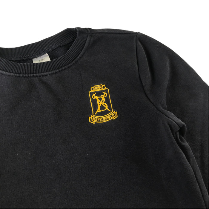 Second-hand Battlefield Primary School navy jersey crewneck, flat lay view with embroidered badge.