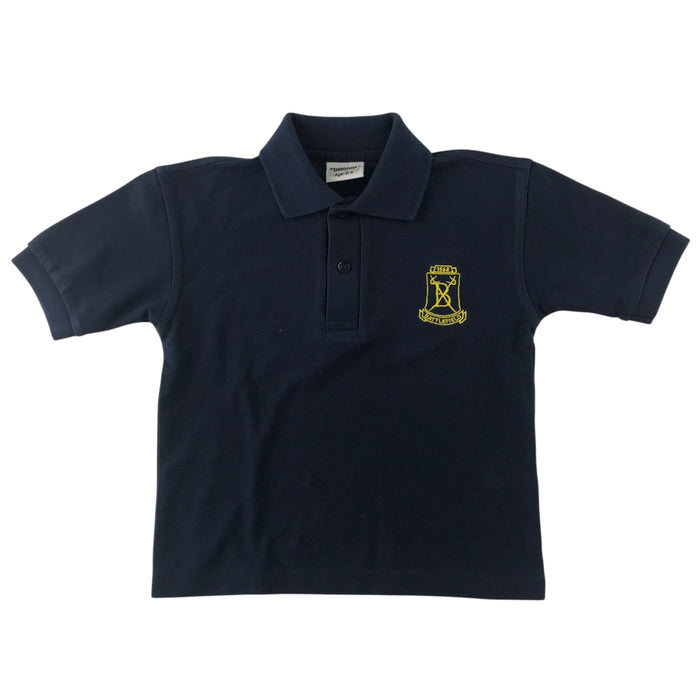 Second-hand Battlefield Primary School navy blue polo shirt, flat lay view with embroidered badge.