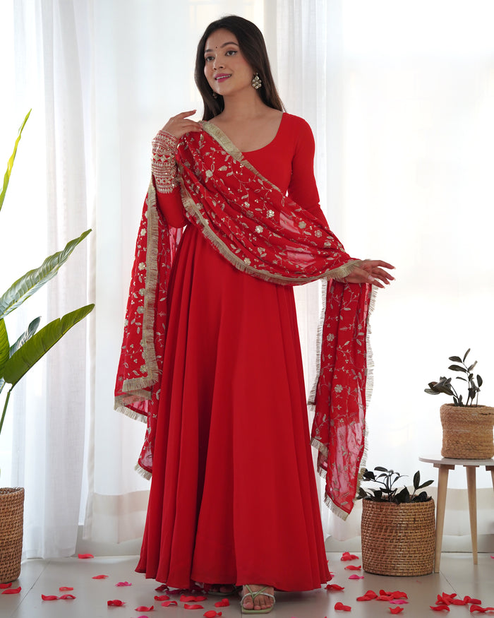Beautiful Red Color Georgette Gown With Embroidery Sequence