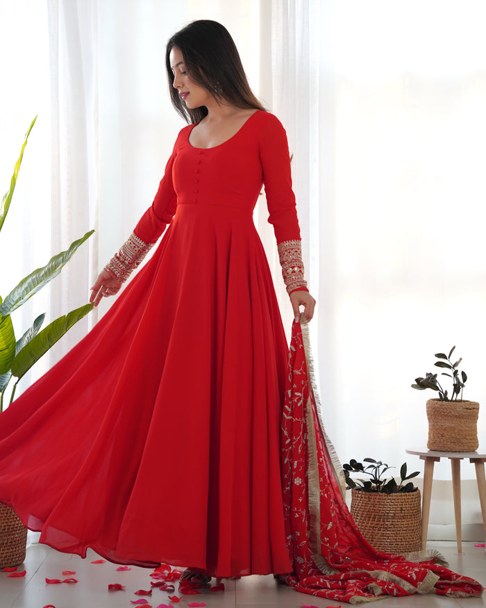 Beautiful Red Color Georgette Gown With Embroidery Sequence