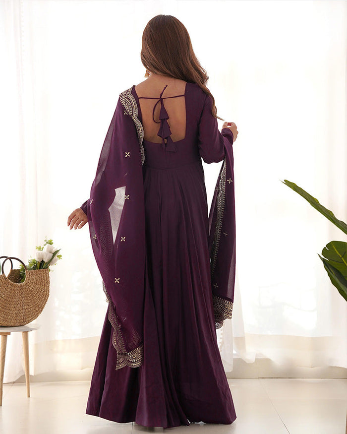BEAUTIFUL WINE COLOR PURE CHANDERI SILK THREE PIECE ANARKALI SUIT