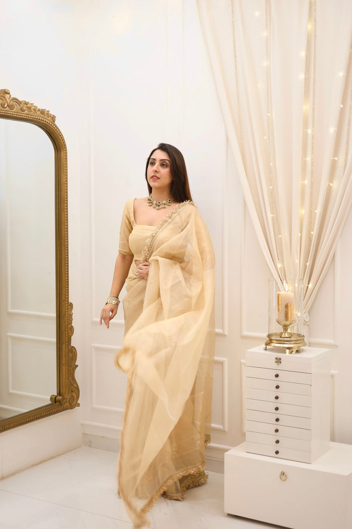Beige Gold Fendy Silk With Far Border Saree