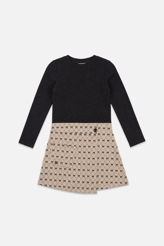 Deux par Deux girls bow tie print dress in black and beige, front view