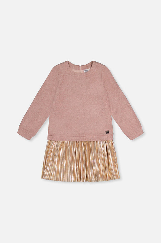 Deux par Deux girls' dusty pink bi-material dress with pleated skirt, front view