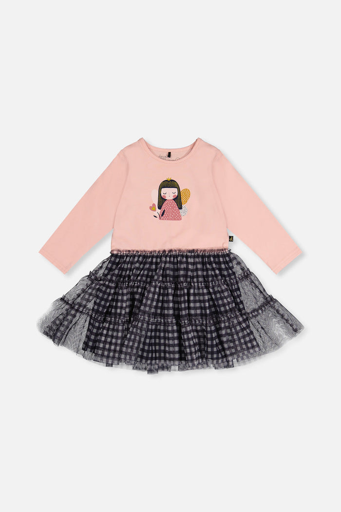 Deux par Deux girls fairy dress with navy gingham mesh skirt and dusty pink bodice, front view
