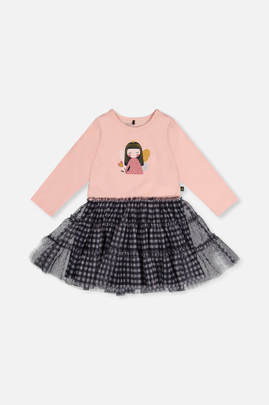 Deux par Deux girls fairy dress with navy gingham mesh skirt and dusty pink bodice, front view